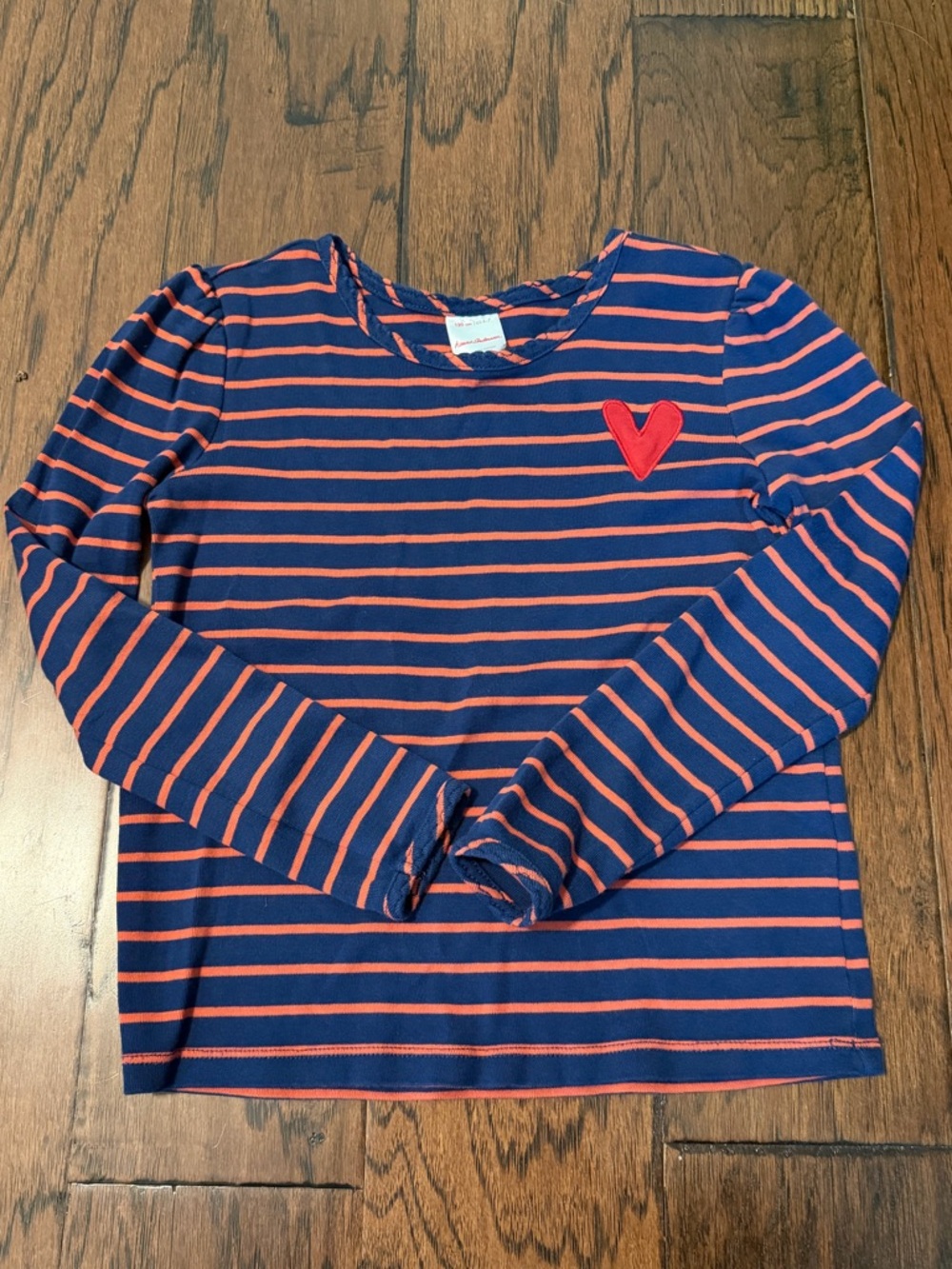 Hanna Andersson Kids Navy & Red Striped Long-Sleeve Top with Heart Size 6-7